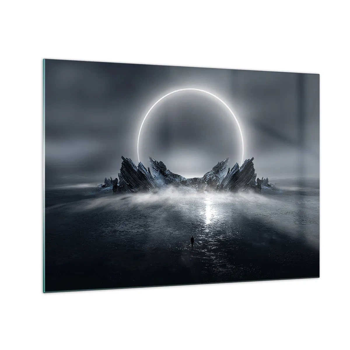 Tablou pe sticlă - Scenă întunecată cu eclipsă și insulă stâncoasă - 70x50cm - Final de poveste - Decorațiune modernă pentru perete pentru living și dormitor ARTTOR