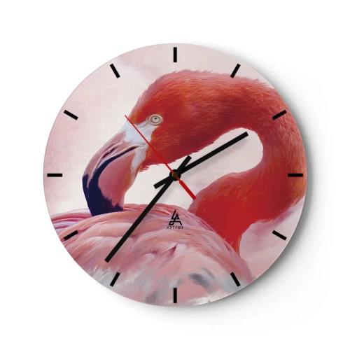 Ceas de perete - Ceas pe sticlă - Flamingo în nuanțe pastelate de roz și roșu - 30x30cm - Frumusețea păsărilor - Decorațiune modernă pentru perete pentru living, bucătărie și dormitor ARTTOR