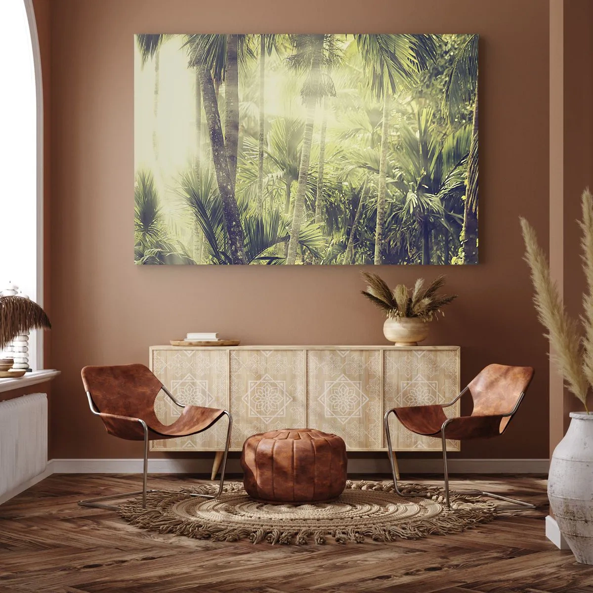 Tablou pe pânză Canvas - Razele soarelui într-o pădure tropicală de palmieri - 70x50cm - Ardoare verde - Decorațiune modernă pentru perete pentru living și dormitor ARTTOR