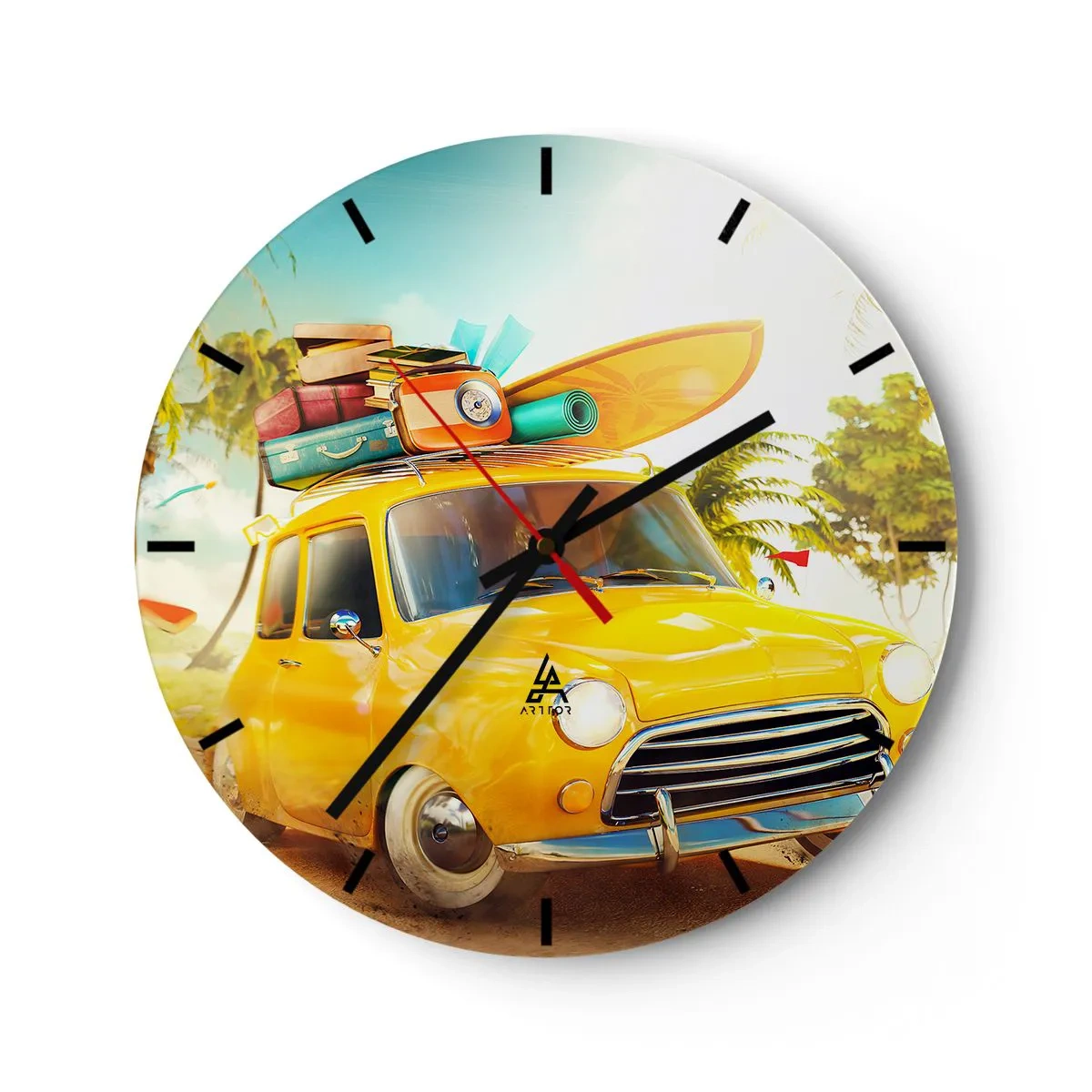 Ceas de perete - Ceas pe sticlă - O mașină galbenă cu bagaje și o placă de surf - 30x30cm - O călătorie pentru mai mult decât un zâmbet - Decorațiune modernă pentru perete pentru living, bucătărie și dormitor ARTTOR