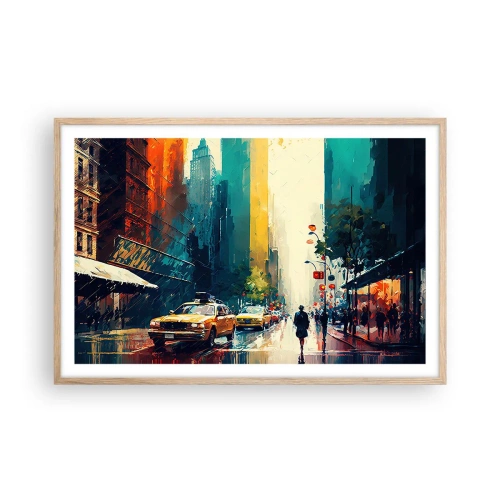 Poster în ramă de stejar deschis - New York - aici și ploaia este colorată - 91x61 cm