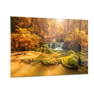 Tablou pe sticlă - Cascadă de pădure în aur - 120x80 cm