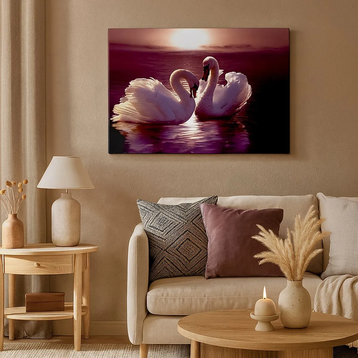 Tablou pe pânză Canvas - Două lebede pe un lac liniștit la apus - 70x50cm - Până când moartea ne va despărți - Decorațiune modernă pentru perete pentru living și dormitor ARTTOR
