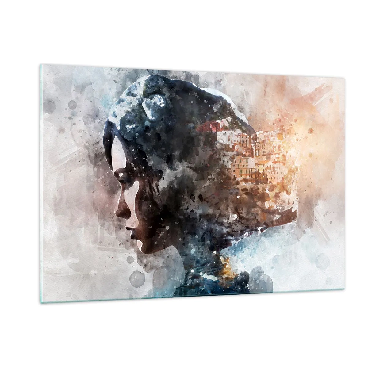 Tablou pe sticlă - Povestea unei fete cu un oraș în fundal - 120x80 cm