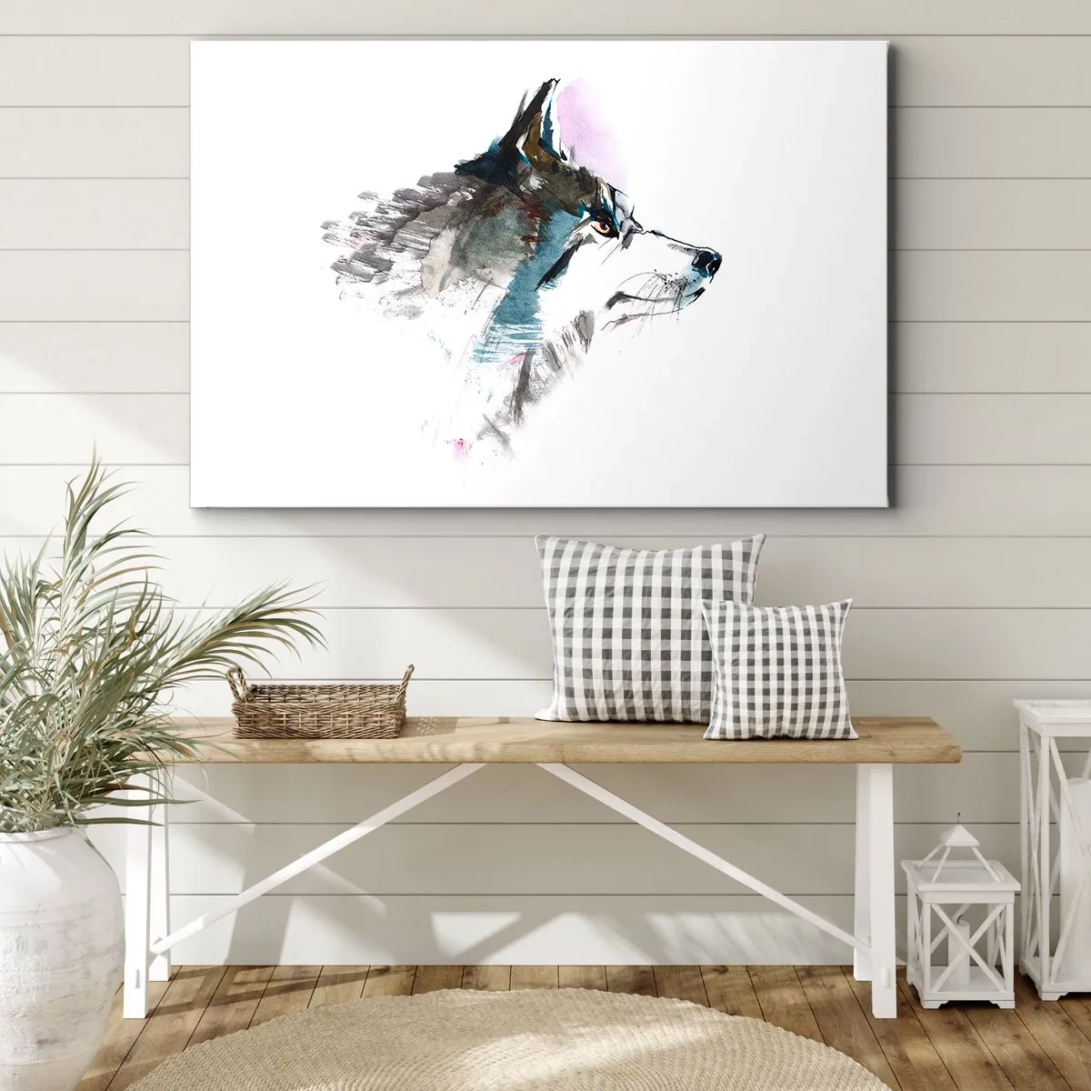 Tablou pe pânză Canvas - Lup în acuarelă într-un stil minimalist - 70x50cm - Ce știm despre lup - Decorațiune modernă pentru perete pentru living și dormitor ARTTOR