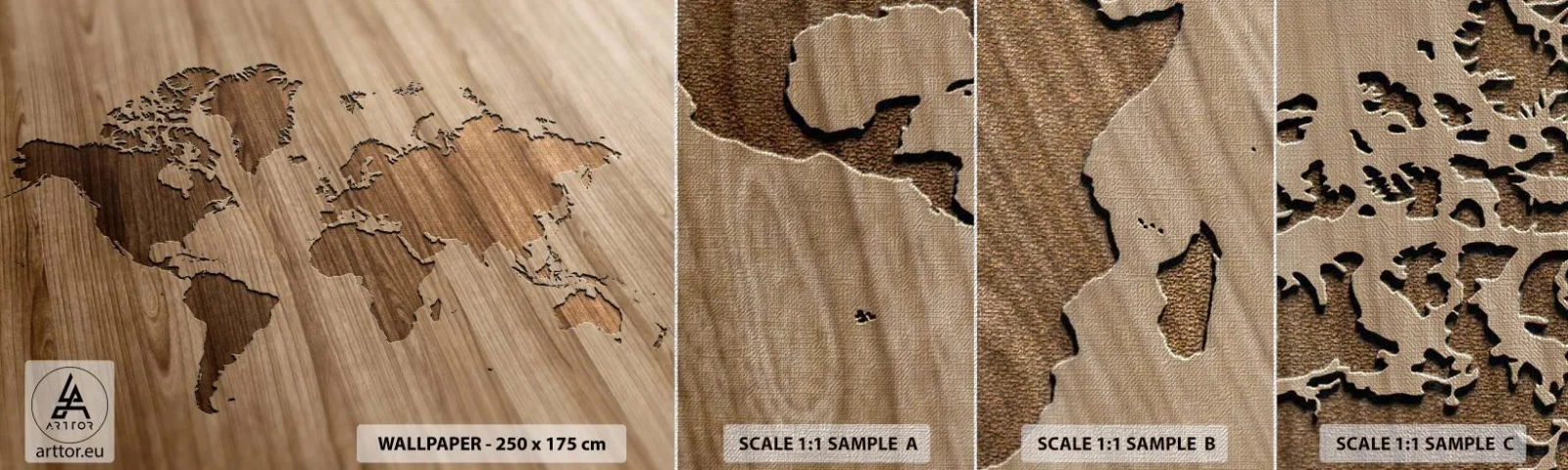 Mostră tapet Premium Canvas - Lumea servită pe masă - Harta lumii, Lemn, Continente - 100x30 cm