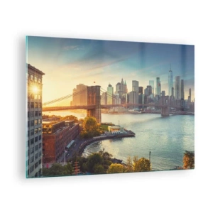 Tablou pe sticlă - Panoramă a orașului New York cu podul Brooklyn - 70x50cm - Zorii metropolitani - Decorațiune modernă pentru perete pentru living și dormitor ARTTOR