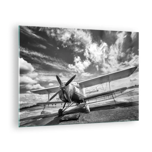 Tablou pe sticlă - Fotografie alb-negru a unui biplan clasic - 70x50cm - Abia aștept! - Decorațiune modernă pentru perete pentru living și dormitor ARTTOR