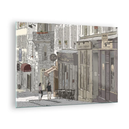 Tablou pe sticlă - O stradă cu cafenele în stil urban artistic - 70x50cm - Bucurii urbane - Decorațiune modernă pentru perete pentru living și dormitor ARTTOR