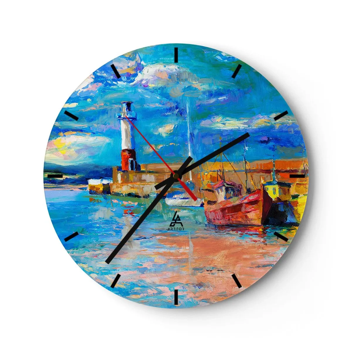 Ceas de perete - Ceas pe sticlă - Un far și bărci într-un cadru pitoresc și colorat - 30x30cm - După-amiază în golful de curcubeu - Decorațiune modernă pentru perete pentru living, bucătărie și dormitor ARTTOR