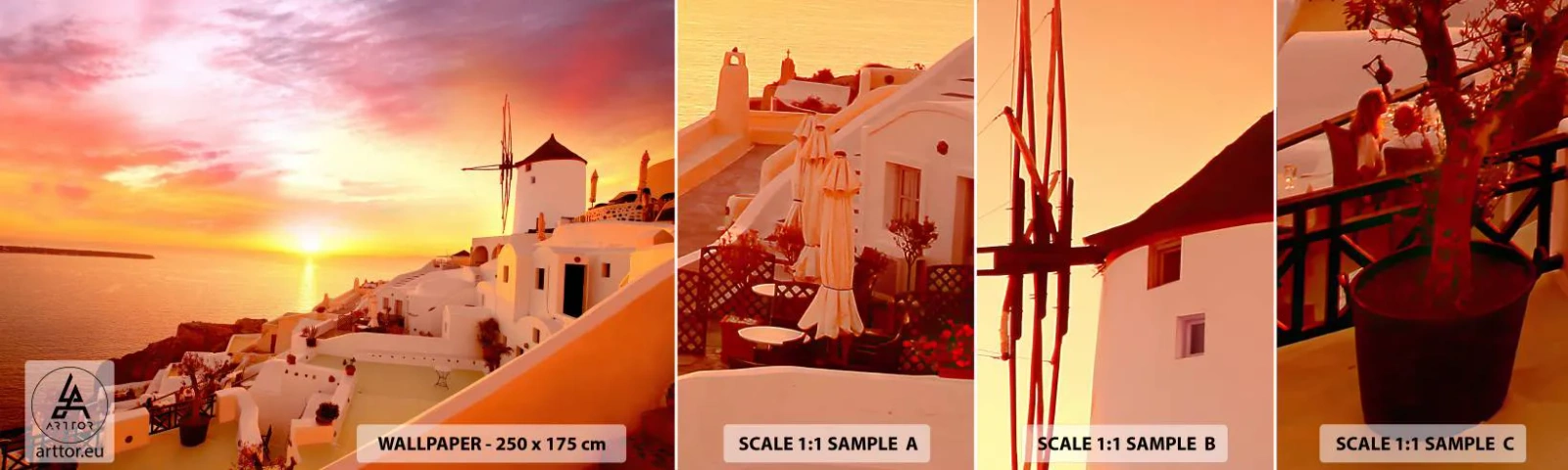 Mostră tapet autocolant Deluxe Sticker - Dizolvându-se în alb și auriu - Peisaj, Santorini, Grecia - 100x30 cm