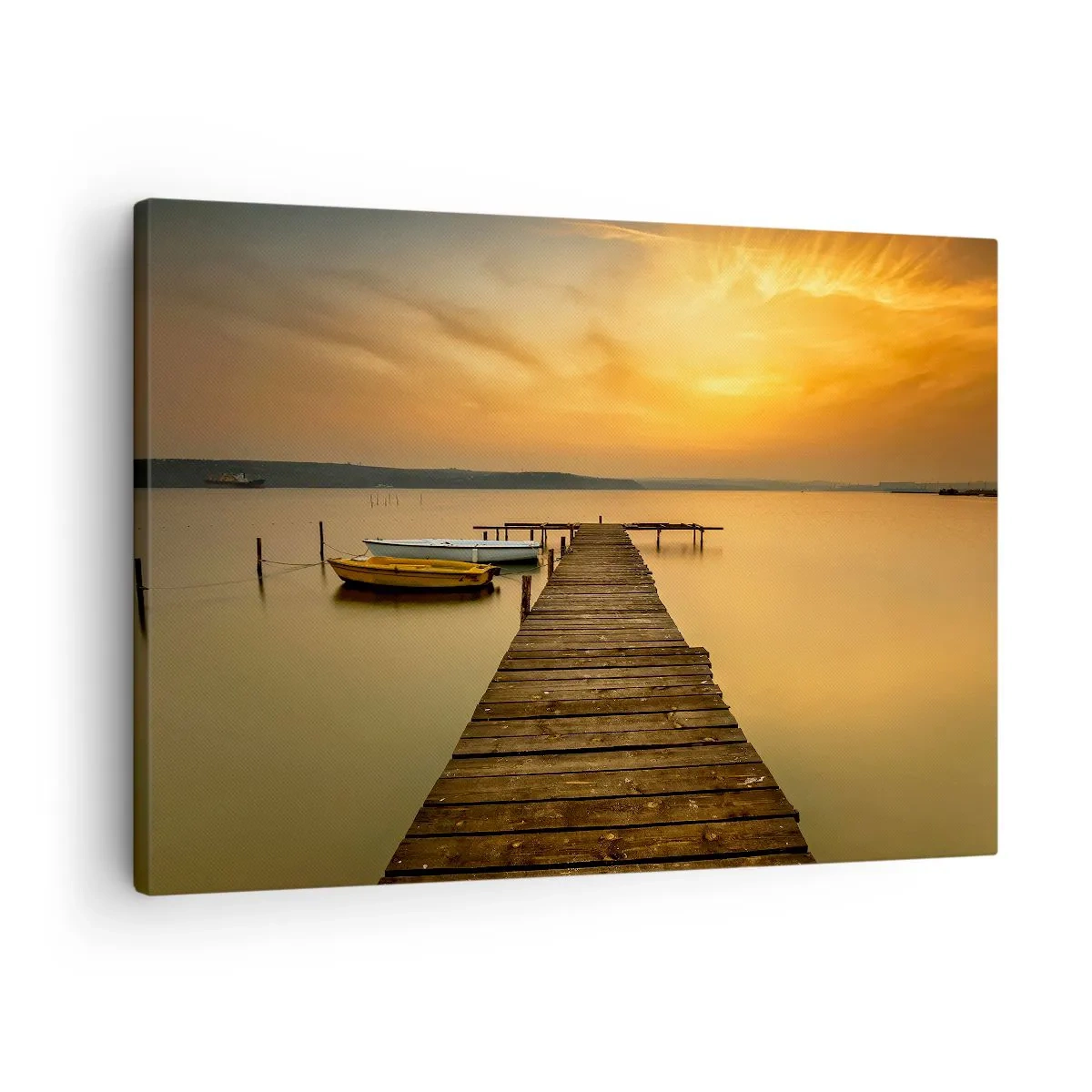 Tablou pe pânză Canvas - ponton din lemn și bărci pe lac la apus - 70x50cm - Îți voi deschide cerul de aur - Decorațiune modernă pentru perete pentru living și dormitor ARTTOR