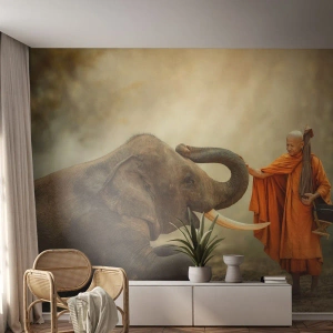 Fototapetă personalizată Premium Canvas - Întâlnire în călătorie - Asia, Elefant, Călugăr