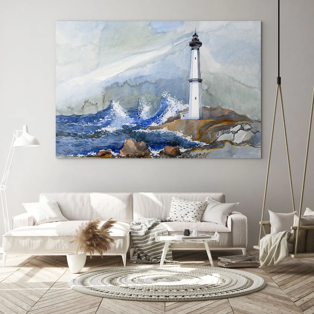 Tablou pe sticlă - Un far lângă o mare furtunoasă în stil acuarelă - 70x50cm - Împotriva întunericului și a furtunii - Decorațiune modernă pentru perete pentru living și dormitor ARTTOR