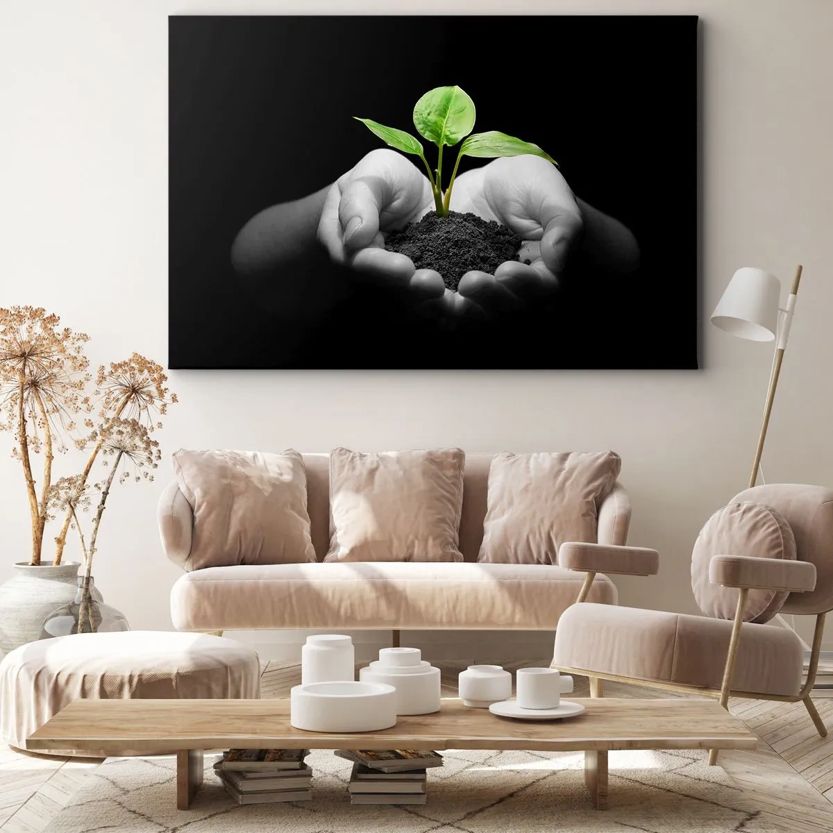 Tablou pe pânză Canvas - Mâini care țin o plantă verde pe un fundal negru - 70x50cm - Iubesc natura, o protejez - Decorațiune modernă pentru perete pentru living și dormitor ARTTOR