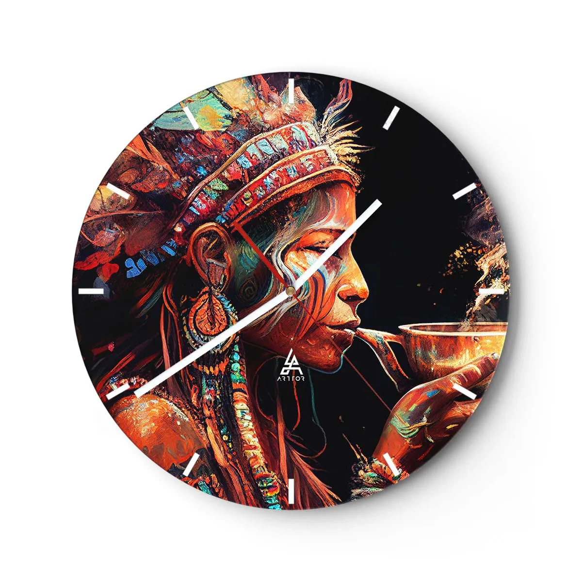 Ceas de perete - Ceas pe sticlă - Un portret colorat al unei femei într-o coafură cu pene în timpul unui ritual. - 30x30cm - Ritual magic - Decorațiune modernă pentru perete pentru living, bucătărie și dormitor ARTTOR