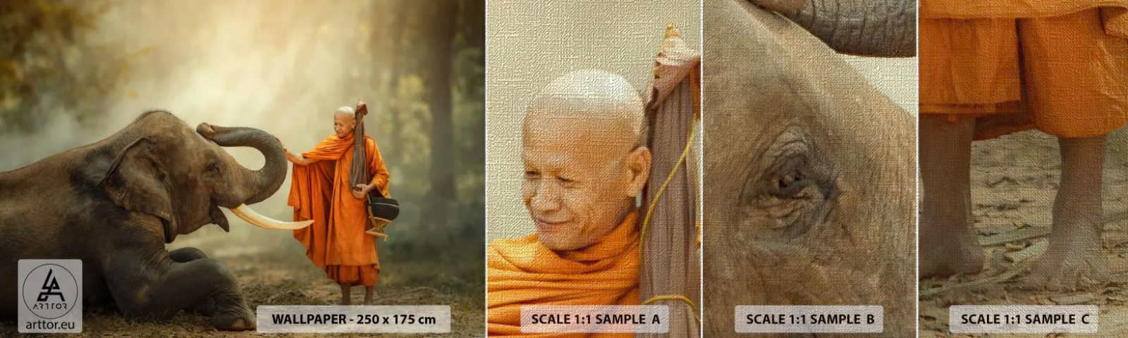 Mostră tapet Premium Canvas - Întâlnire în călătorie - Asia, Elefant, Călugăr - 100x30 cm