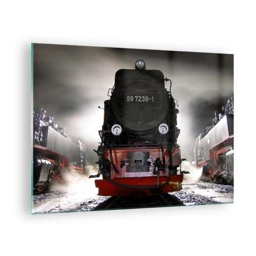 Tablou pe sticlă - O locomotivă cu abur înconjurată de abur și lumină - 70x50cm - Stă și pufuie, geme și suflă... - Decorațiune modernă pentru perete pentru living și dormitor ARTTOR