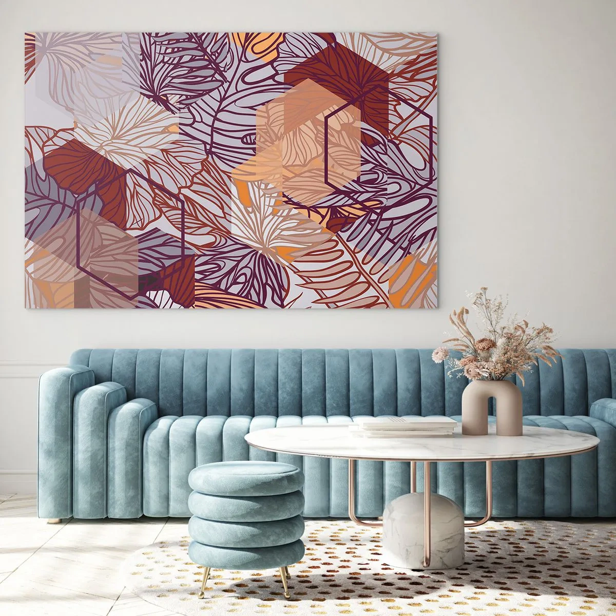 Tablou pe sticlă - Frunze grafice pe un fundal de forme geometrice - 70x50cm - Relația imposibilă dintre geometrie și natură - Decorațiune modernă pentru perete pentru living și dormitor ARTTOR