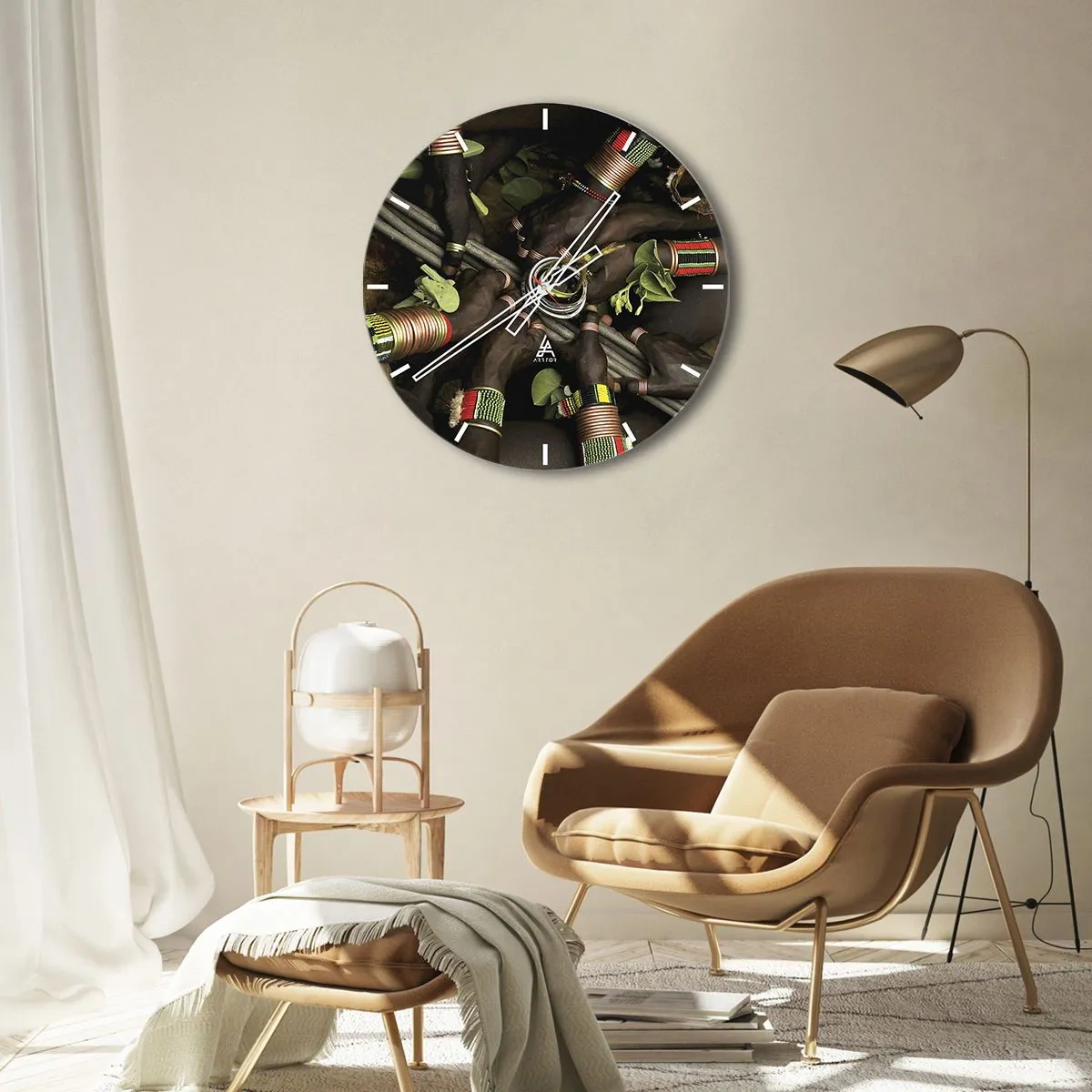 Ceas de perete - Ceas pe sticlă - Brățări și simboluri tribale tradiționale - 30x30cm - Împreună - Decorațiune modernă pentru perete pentru living, bucătărie și dormitor ARTTOR
