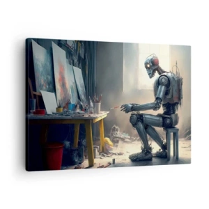 Tablou pe pânză Canvas - Un robot pictează un tablou într-un studio de artă - 70x50cm - Actul de creație - Decorațiune modernă pentru perete pentru living și dormitor ARTTOR