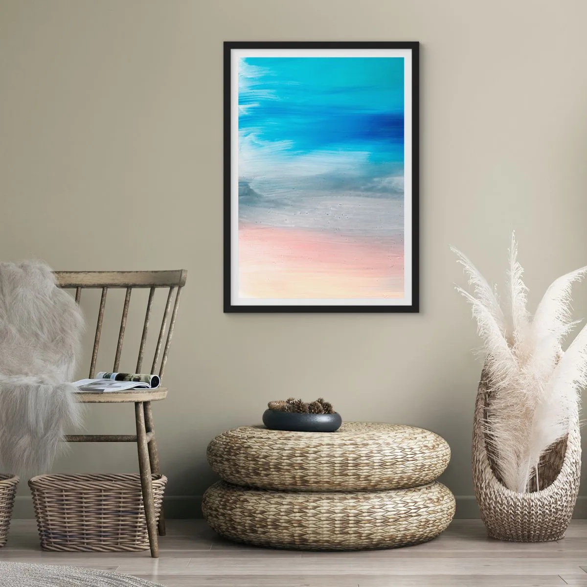 Poster în ramă neagră - O compoziție abstractă în nuanțe de albastru, gri și bej. - 50x70cm - Elemente: aer - Decorațiune modernă pentru perete pentru living și dormitor ARTTOR