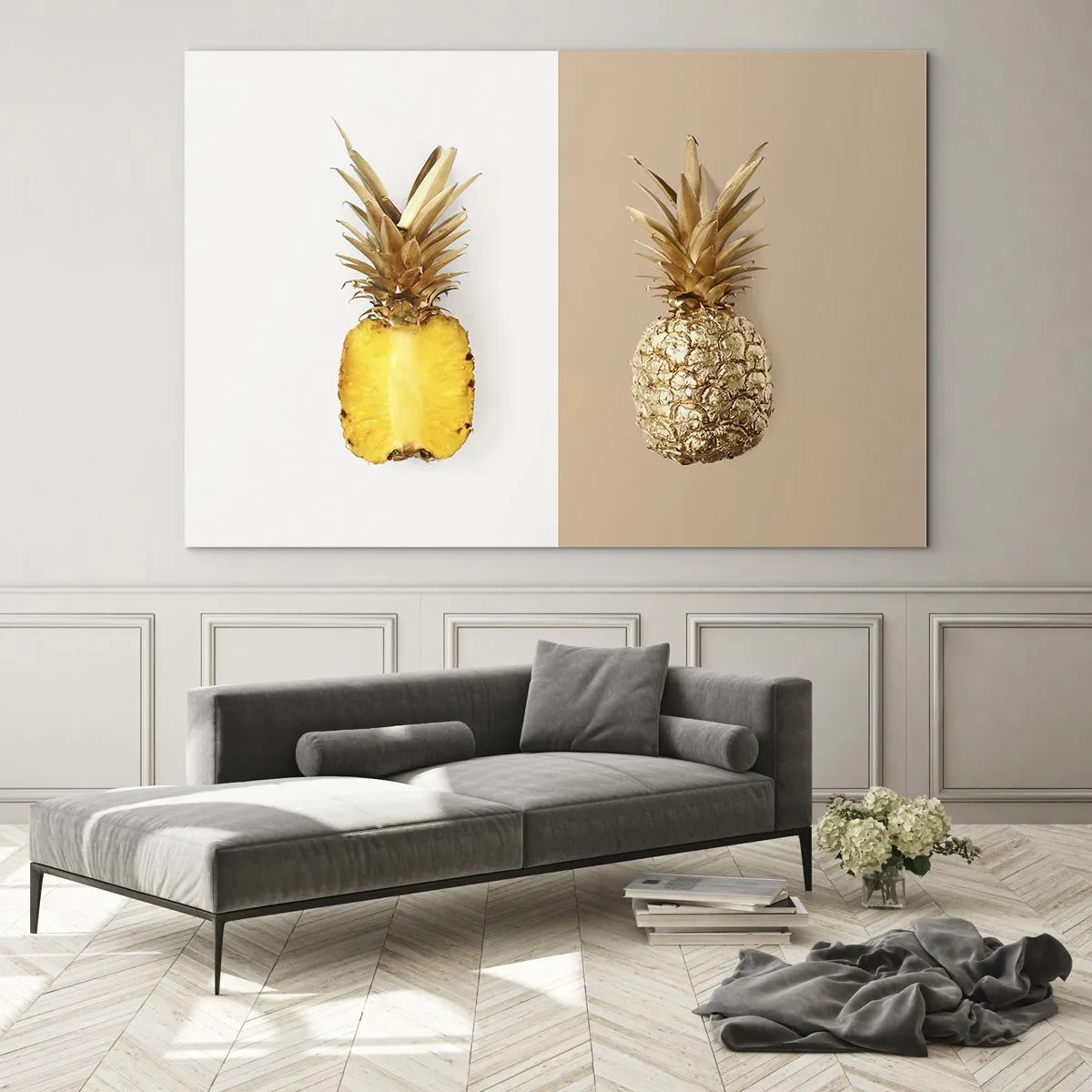Tablou pe sticlă - Un ananas feliat și auriu pe două fundaluri contrastante - 70x50cm - Ananas de împărțit - Decorațiune modernă pentru perete pentru living și dormitor ARTTOR