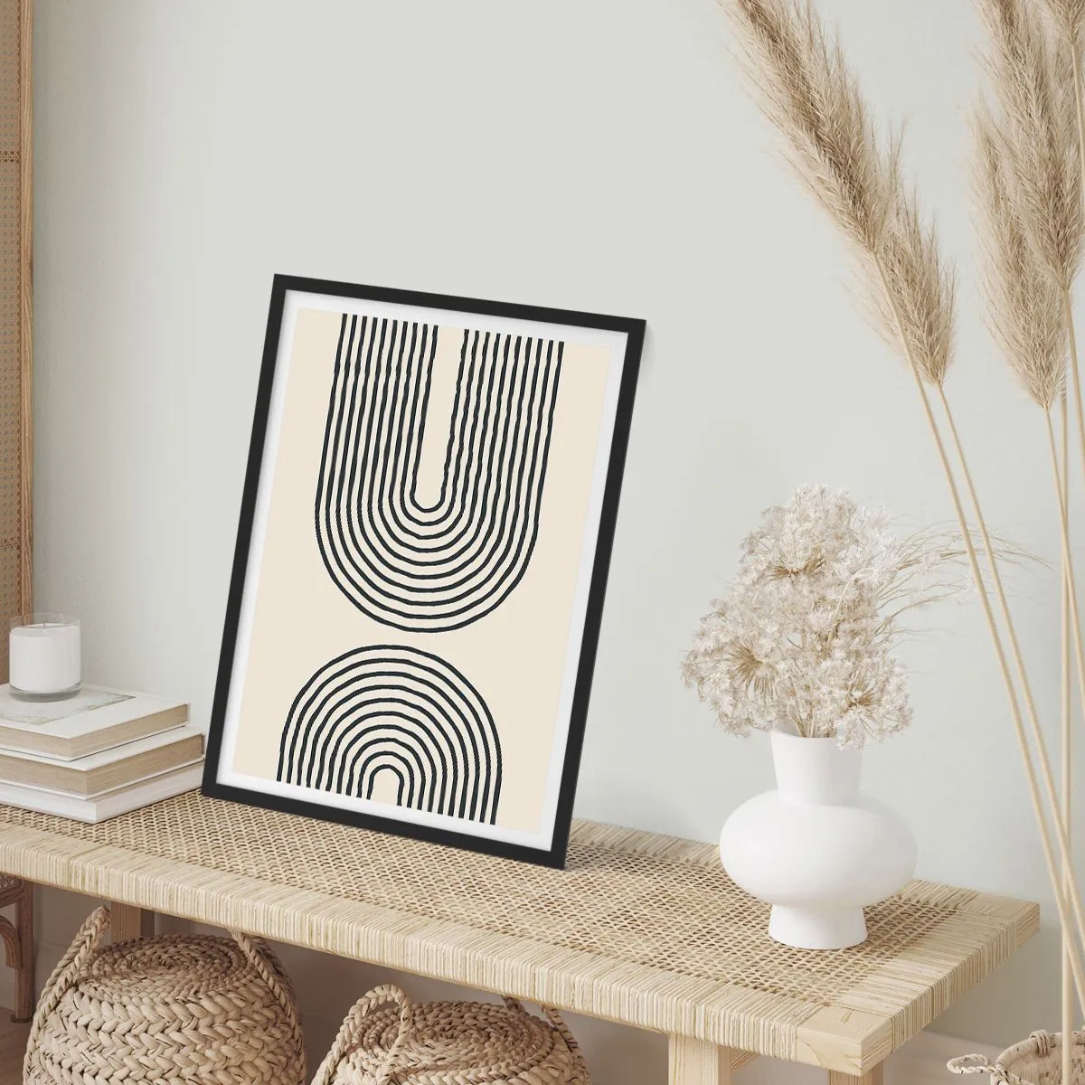 Poster în ramă neagră - Un model abstract cu linii care formează arce simetrice într-un stil minimalist. - 50x70cm - În curând... - Decorațiune modernă pentru perete pentru living și dormitor ARTTOR