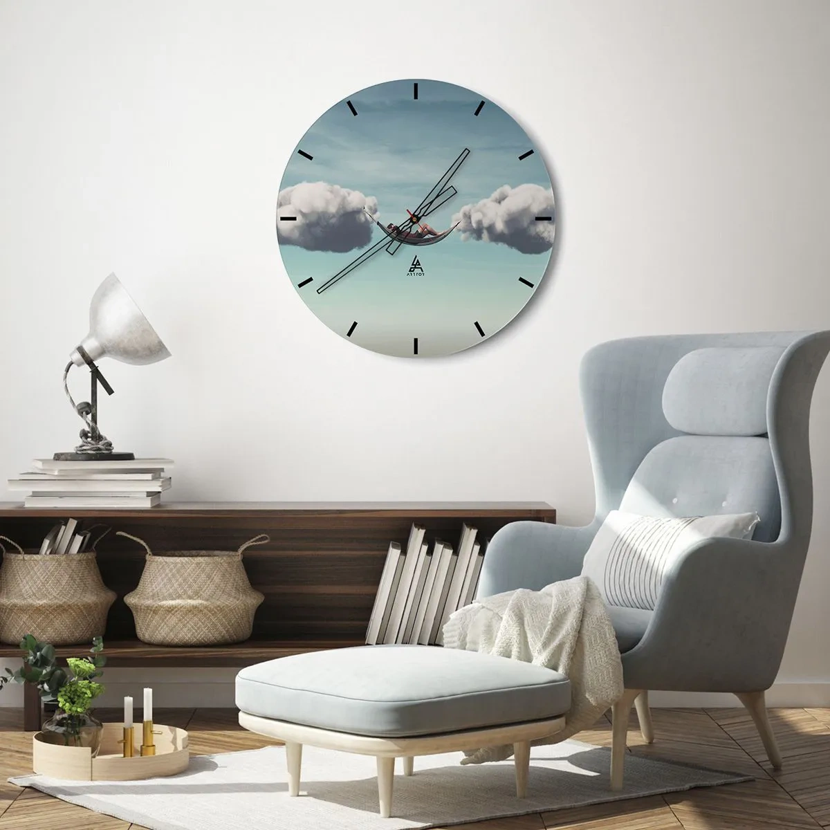 Ceas de perete - Ceas pe sticlă - Un hamac suspendat pe nori - 30x30cm - Fericirea momentului - Decorațiune modernă pentru perete pentru living, bucătărie și dormitor ARTTOR