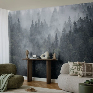 Tapet Standard Eco - O pădure de conifere învăluită în ceață într-un cadru misterios - 100x70cm - Zori de pădure - Decorațiune modernă pentru perete pentru living și dormitor ARTTOR