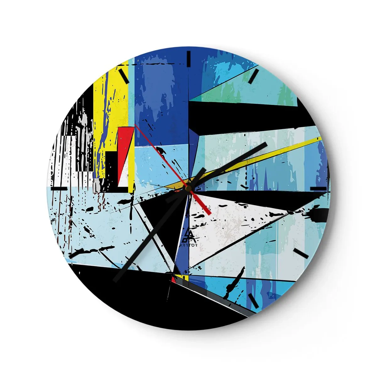 Ceas de perete - Ceas pe sticlă - Abstracție geometrică în nuanțe de albastru și negru - 30x30cm - Privind lumea dintr-un unghi... - Decorațiune modernă pentru perete pentru living, bucătărie și dormitor ARTTOR