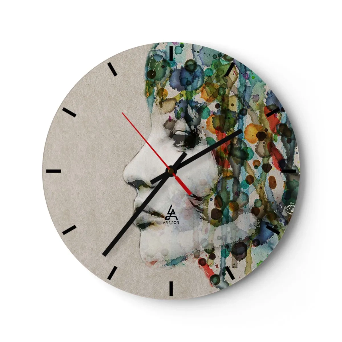 Ceas de perete - Ceas pe sticlă - Profil artistic al feței cu accente colorate pe un fundal gri - 30x30cm - A ieșit din cenușiu - Decorațiune modernă pentru perete pentru living, bucătărie și dormitor ARTTOR