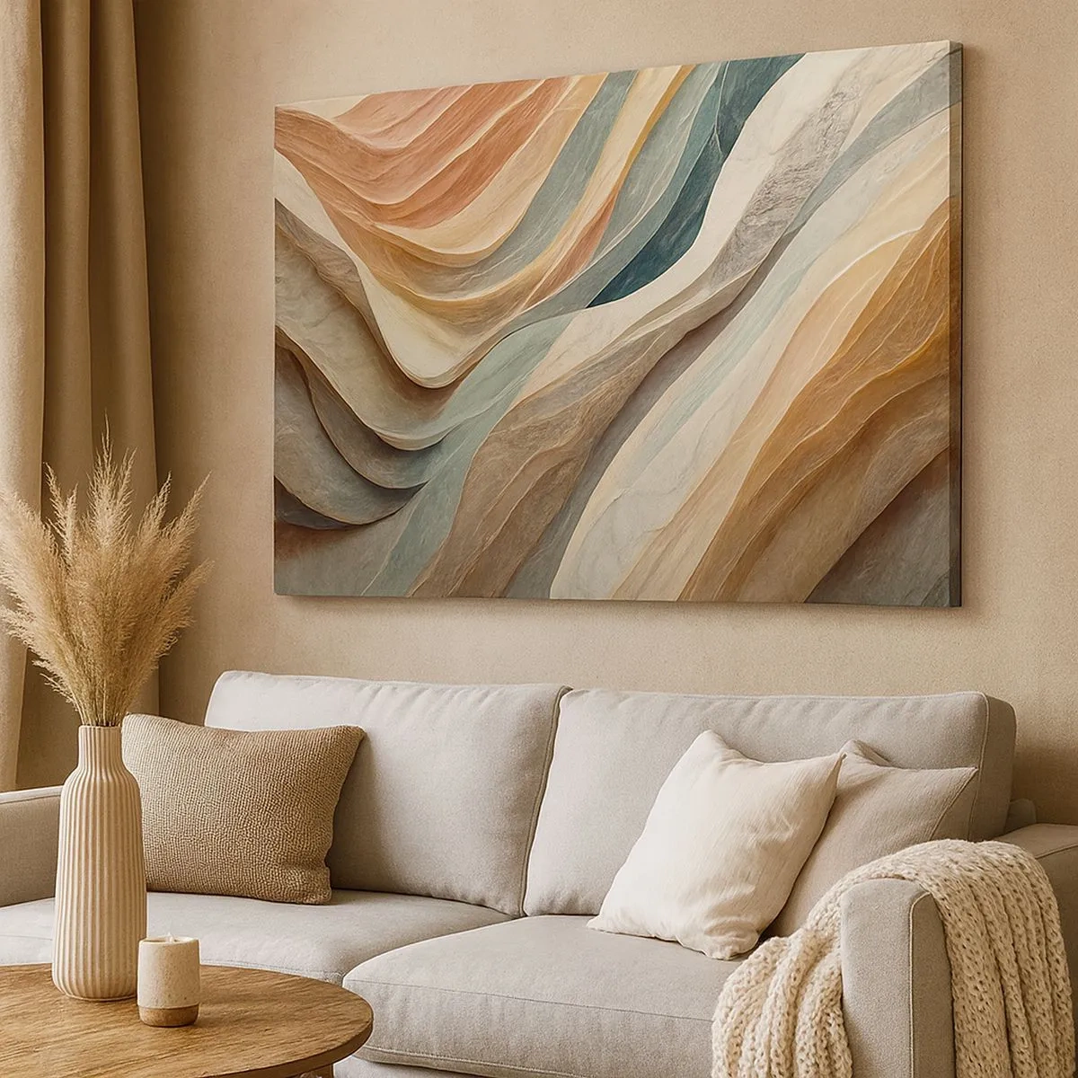 Tablou pe pânză Canvas - Valuri abstracte în nuanțe pastelate - 70x50cm - Momentul dinaintea schimbării - Decorațiune modernă pentru perete pentru living și dormitor ARTTOR