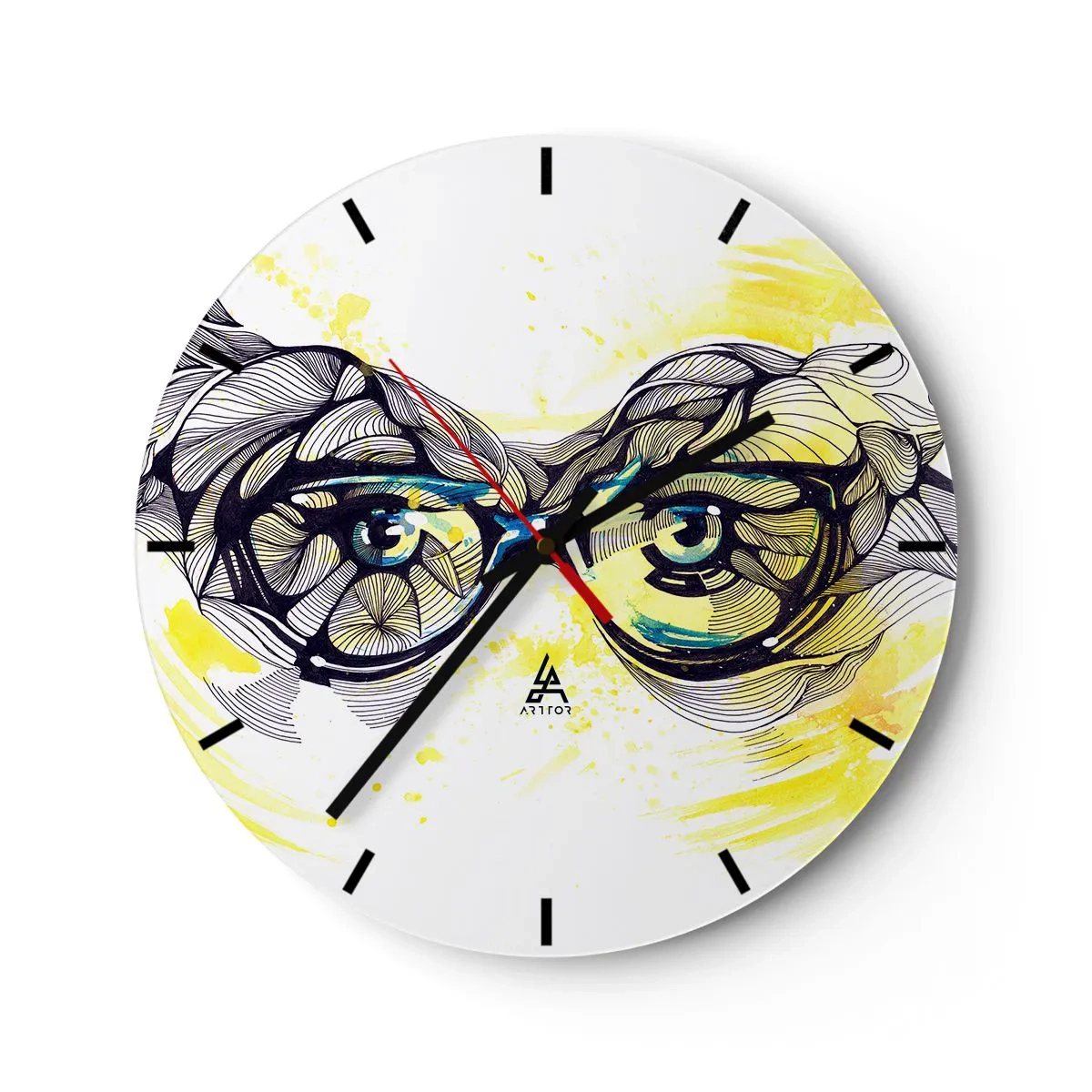 Ceas de perete - Ceas pe sticlă - Ochelari albaștri în stil artistic cu detalii geometrice și fundal galben. - 30x30cm - Prin ochelari albaștri - Decorațiune modernă pentru perete pentru living, bucătărie și dormitor ARTTOR