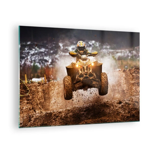 Tablou pe sticlă - ATV în acțiune pe teren noroios într-un cadru dinamic - 70x50cm - No risk no fun - Decorațiune modernă pentru perete pentru living și dormitor ARTTOR