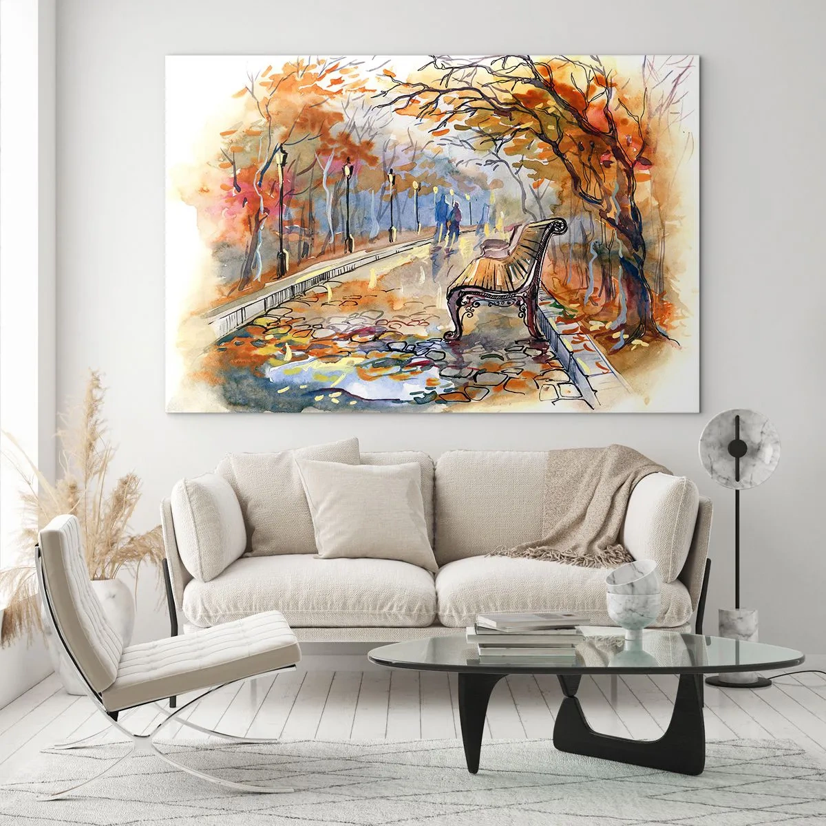 Tablou pe sticlă - O alee de toamnă cu o bancă în stil artistic de acuarelă - 70x50cm - Pășim împreună în toamnă - Decorațiune modernă pentru perete pentru living și dormitor ARTTOR