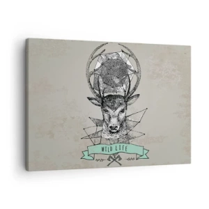 Tablou pe pânză Canvas - Geometrie de cerb în stil vintage cu inscripții Wild Life - 70x50cm - Viziunea Sfântului Hubertus - Decorațiune modernă pentru perete pentru living și dormitor ARTTOR