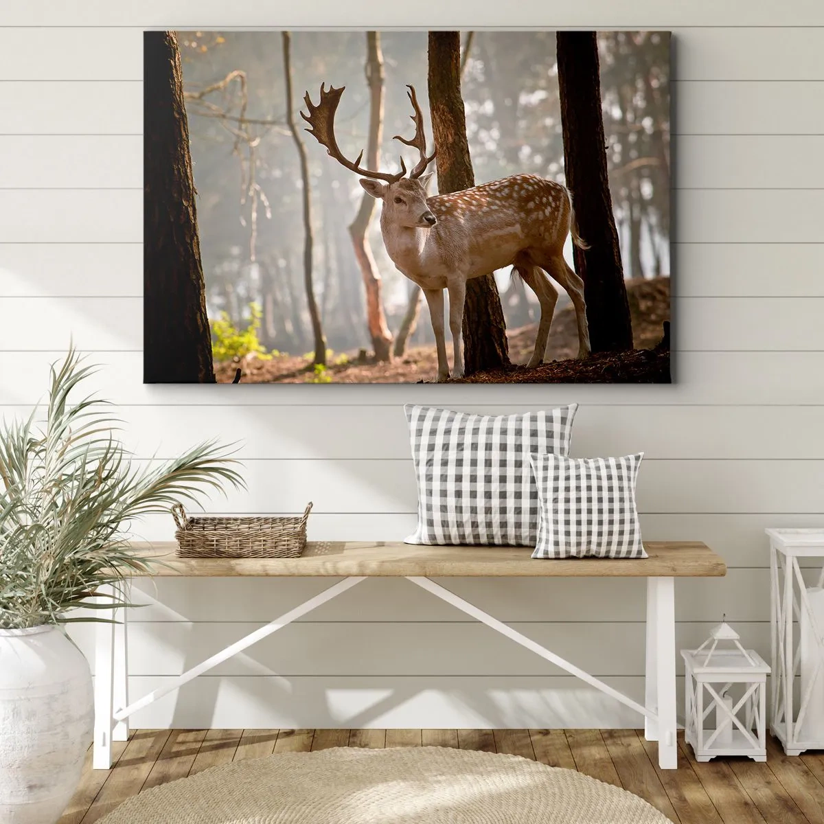 Tablou pe pânză Canvas - Cerbi în pădure în ceața dimineții - 70x50cm - Lumina tinereții - Decorațiune modernă pentru perete pentru living și dormitor ARTTOR