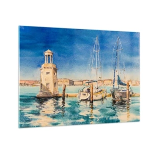 Tablou pe sticlă - Marina în acuarelă cu far și iahturi ancorate - 70x50cm - Laguna însorită - Decorațiune modernă pentru perete pentru living și dormitor ARTTOR