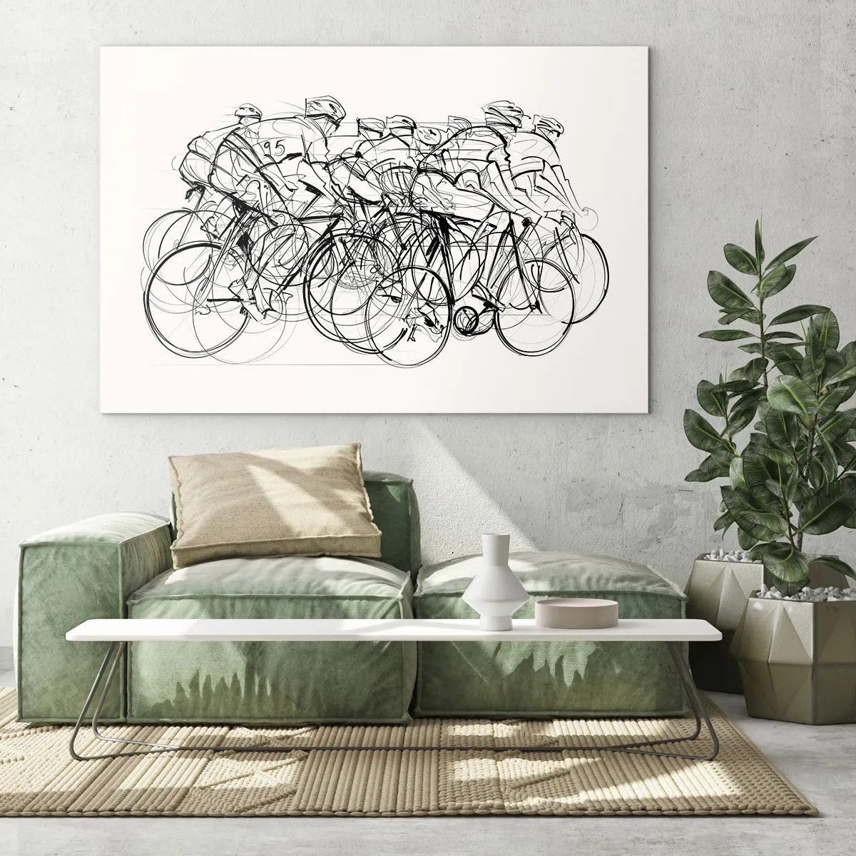 Tablou pe sticlă - Schiță a unui grup de cicliști în timpul unei curse pe un fundal alb - 70x50cm - Mână în mână - Decorațiune modernă pentru perete pentru living și dormitor ARTTOR