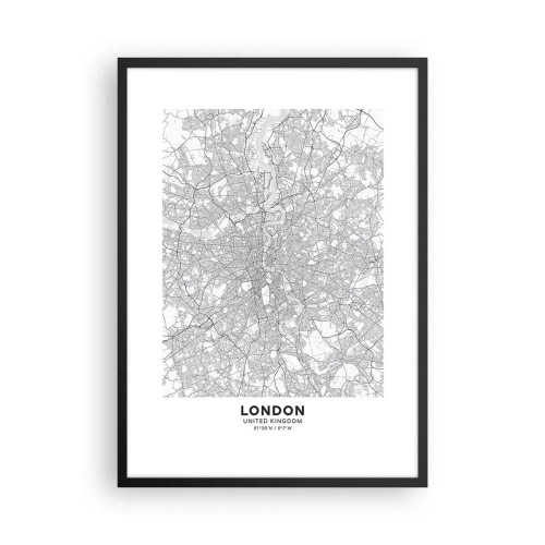 Poster în ramă neagră - Hartă alb-negru a Londrei cu detalii precise despre străzi - 50x70cm - Harta labirintului din Londra - Decorațiune modernă pentru perete pentru living și dormitor ARTTOR