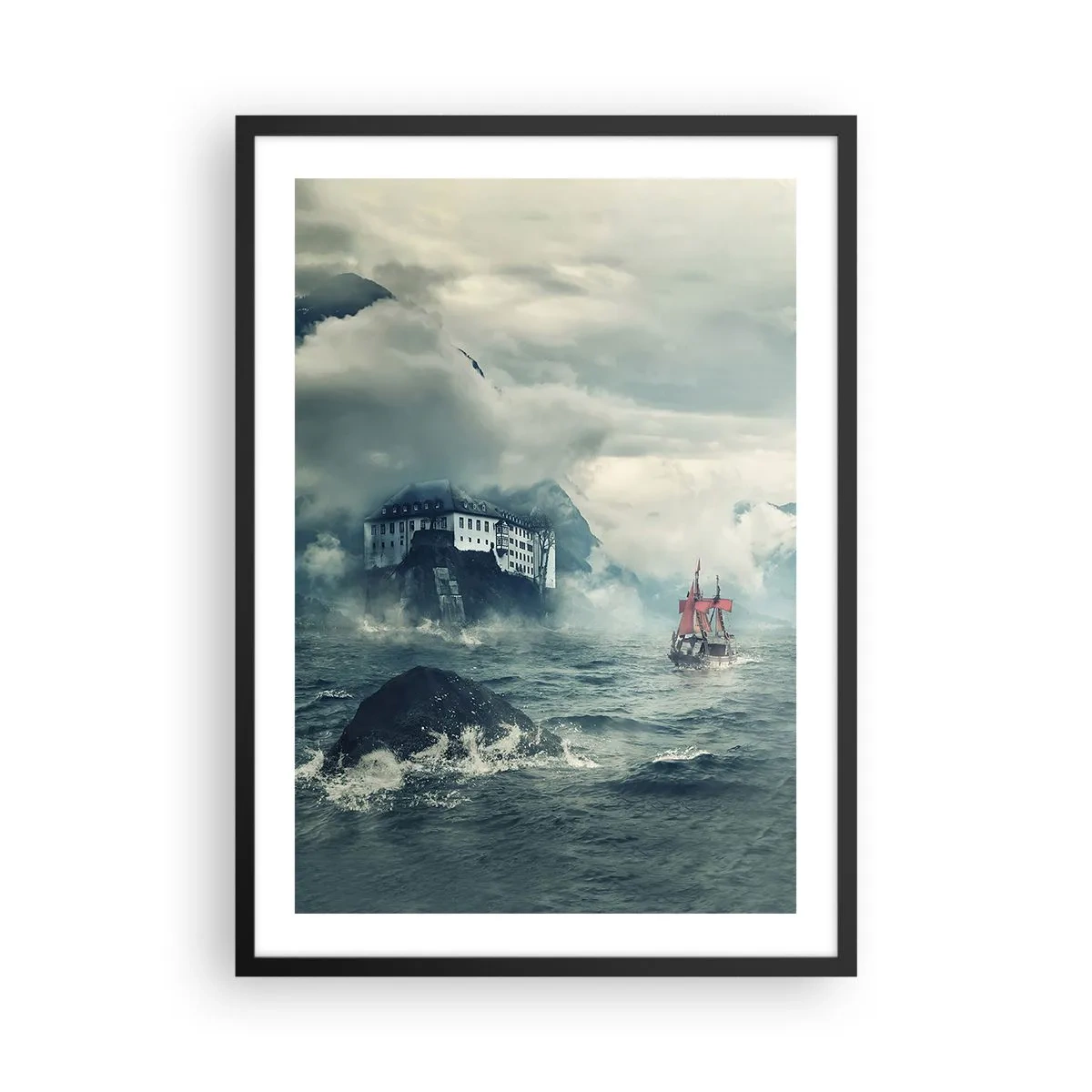 Poster în ramă neagră - O navă pe o mare furtunoasă lângă un castel în ceață - 50x70cm - Pe ape magice - Decorațiune modernă pentru perete pentru living și dormitor ARTTOR