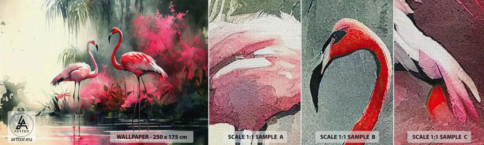 Mostră tapet Premium Canvas - O lecție de farmec natural - Flamingos, Bucată, Peisaj - 100x30 cm