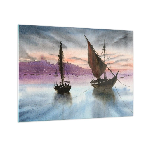 Tablou pe sticlă - Două bărci cu pânze pe ape calme la apus - 70x50cm - O seară în port - Decorațiune modernă pentru perete pentru living și dormitor ARTTOR