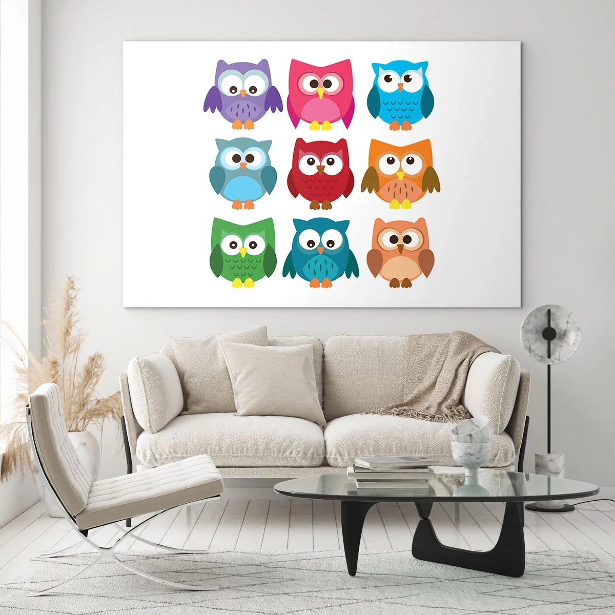 Tablou pe sticlă - Bufnițe colorate în stil desen animat pe fundal alb - 70x50cm - Diferențele pot fi amuzante - Decorațiune modernă pentru perete pentru living și dormitor ARTTOR