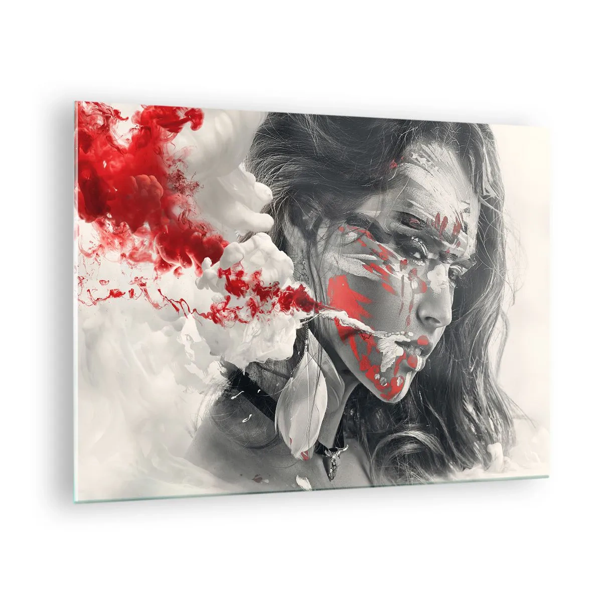 Tablou pe sticlă - Portret de femeie cu modele abstracte roșii și albe - 70x50cm - În aburul absurdului - Decorațiune modernă pentru perete pentru living și dormitor ARTTOR