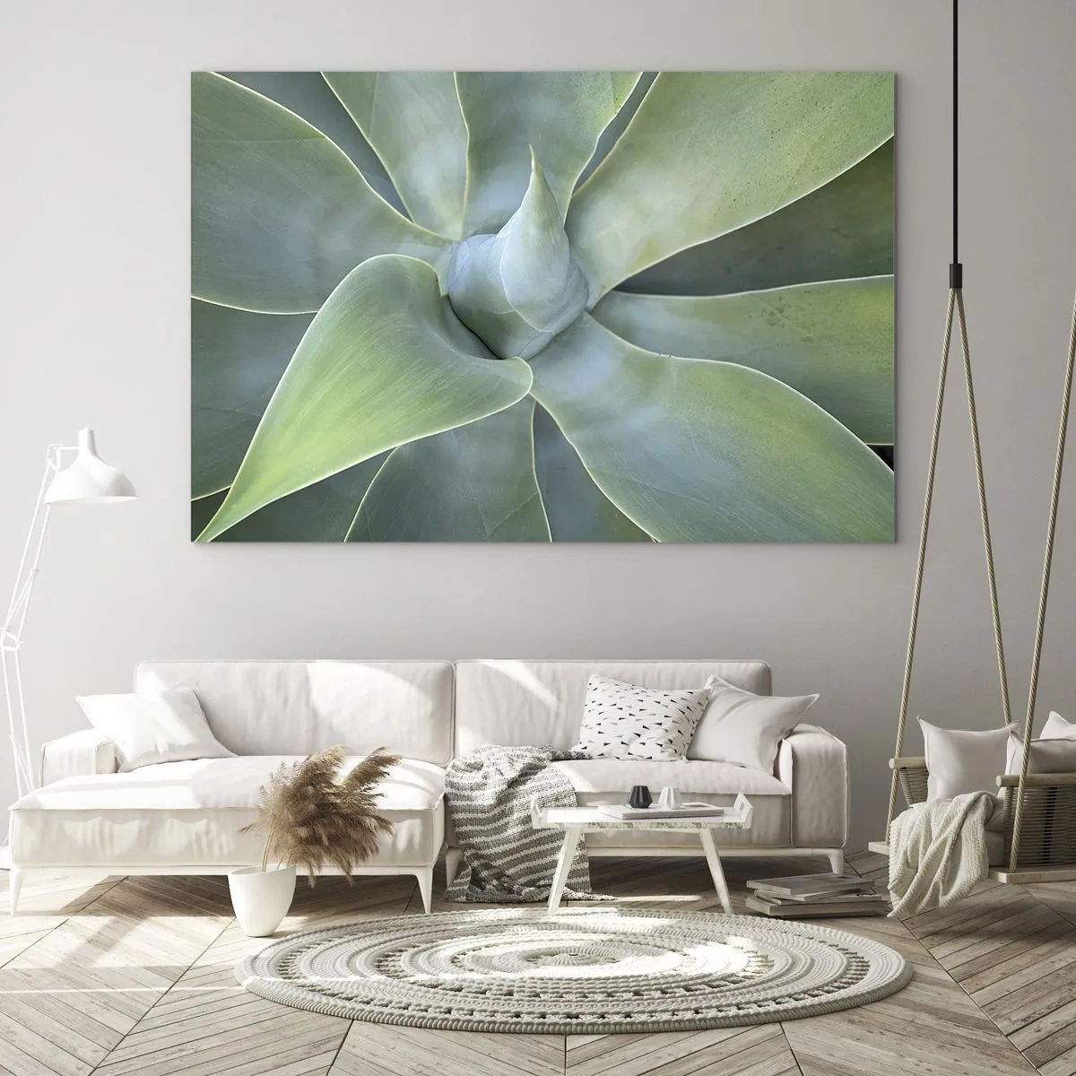 Tablou pe sticlă - Fotografie macro a unei plante verzi cu frunze spiralate - 70x50cm - Nașterea verdeții - Decorațiune modernă pentru perete pentru living și dormitor ARTTOR