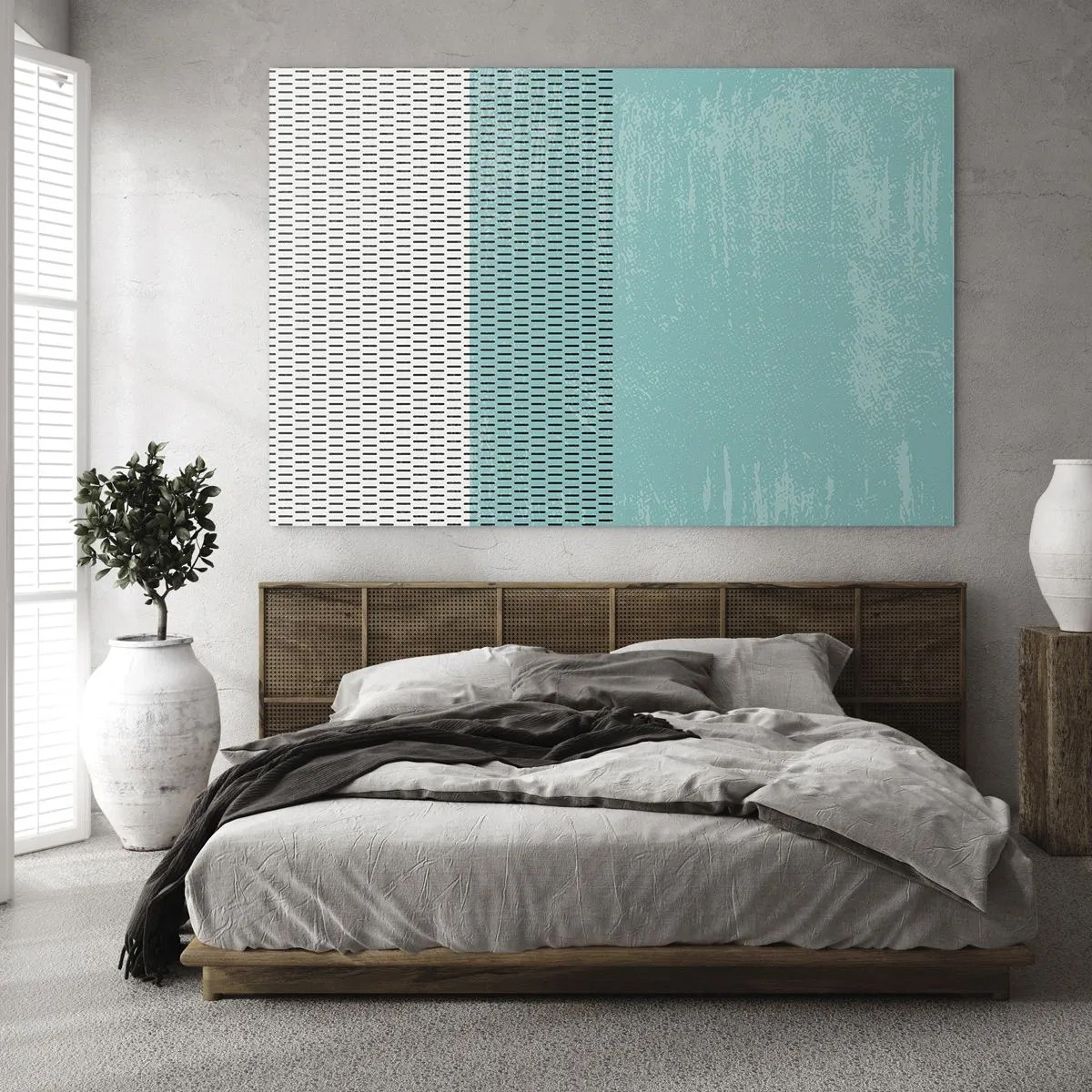 Tablou pe sticlă - Abstracție modernă în culori turcoaz și alb - 70x50cm - Compoziție echilibrată - Decorațiune modernă pentru perete pentru living și dormitor ARTTOR