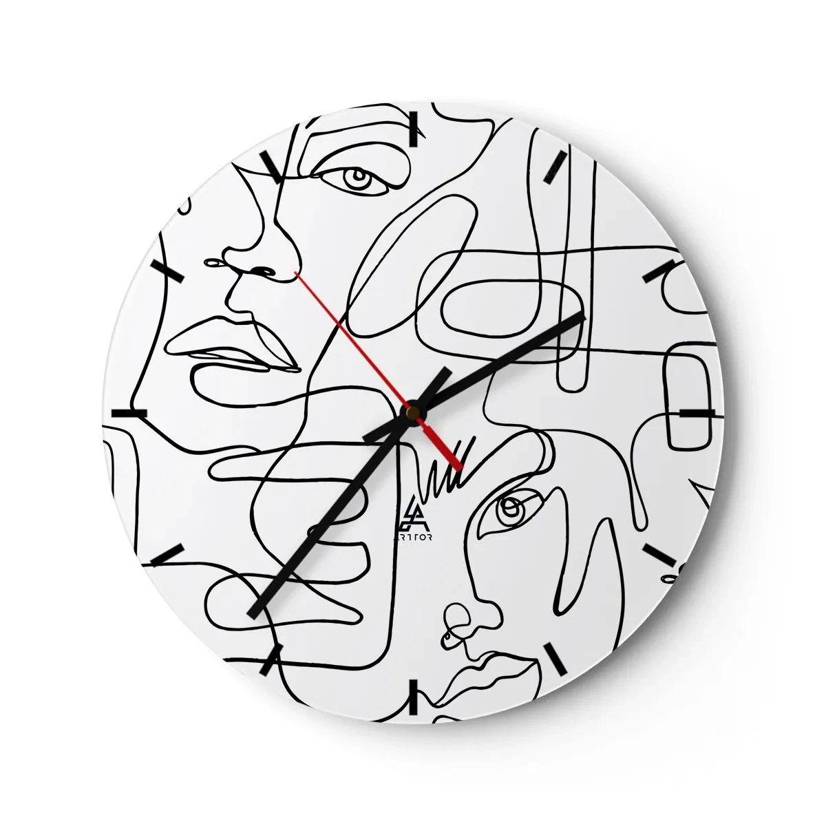 Ceas de perete - Ceas pe sticlă - Schițe de față minimaliste în linii pe fundal alb - 30x30cm - Într-o încurcătură de emoții - Decorațiune modernă pentru perete pentru living, bucătărie și dormitor ARTTOR
