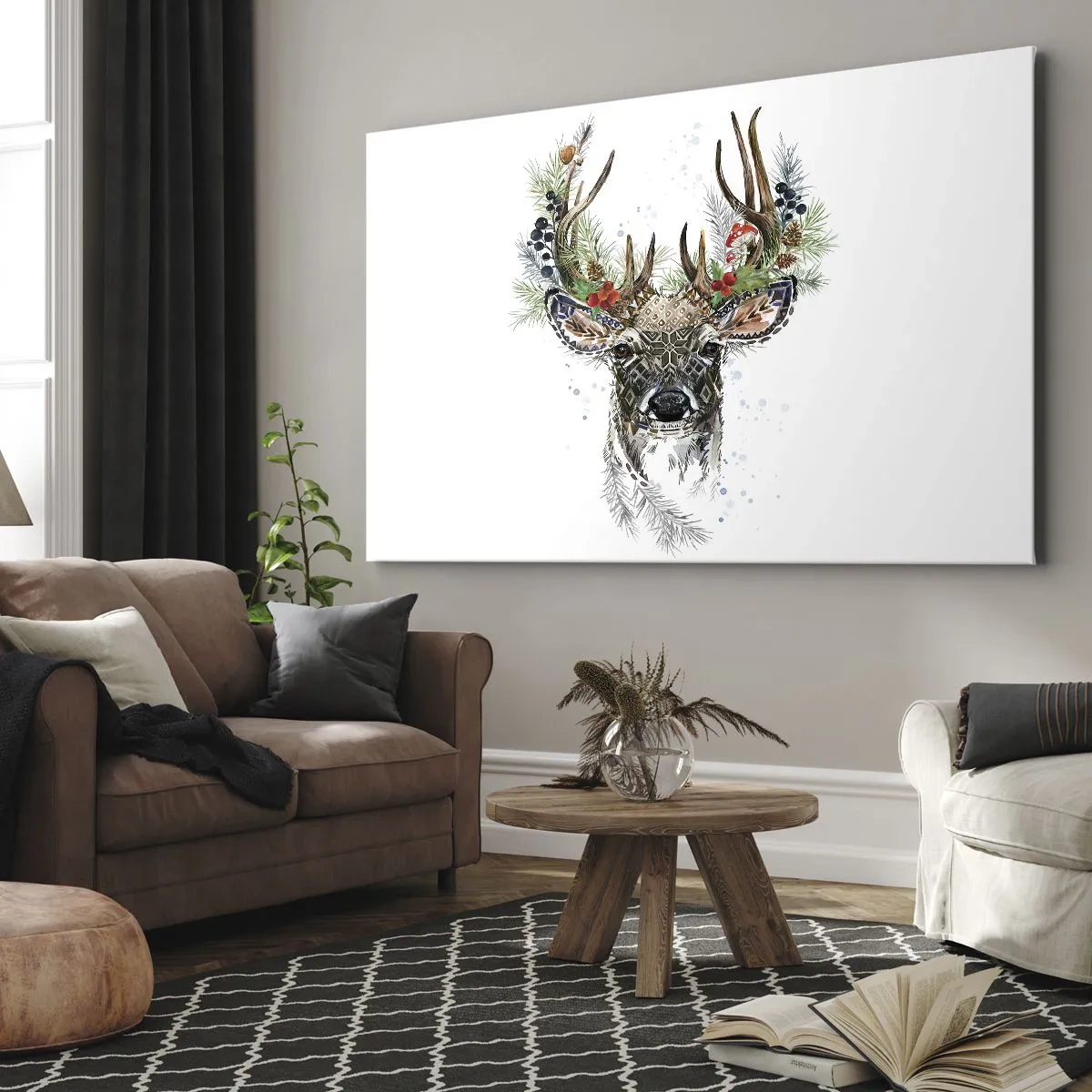 Tablou pe pânză Canvas - Cerb stilizat cu coarne decorative pe fundal alb - 70x50cm - În ținută festivă - Decorațiune modernă pentru perete pentru living și dormitor ARTTOR